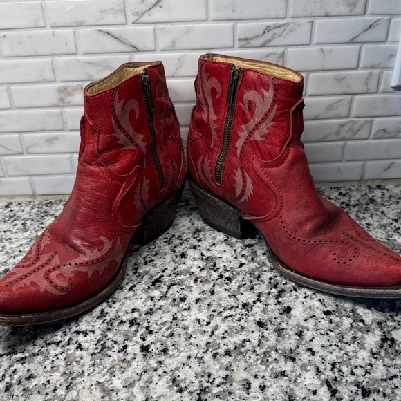Women's Red Leather Western Ankle Booties - Stylish Embossed Design - Picture 4 of 16